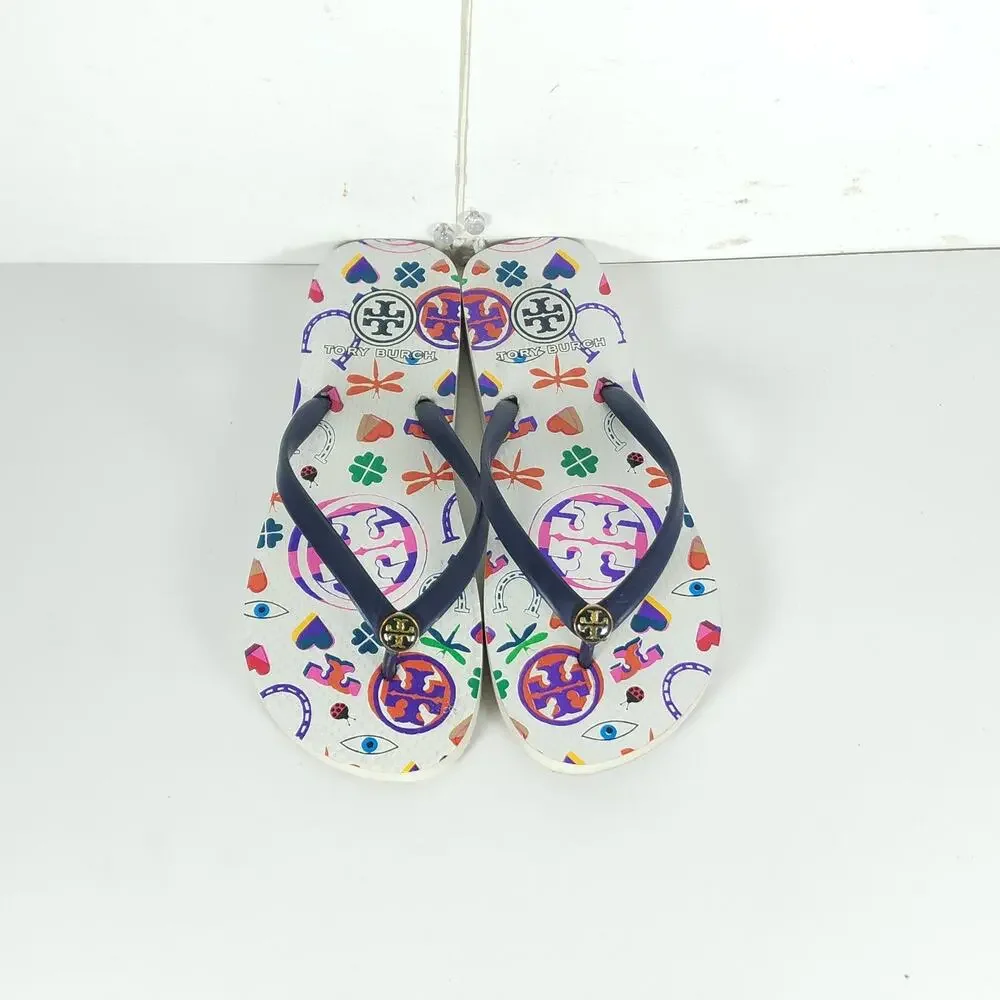 Tory Burch Women’s US6M Blue White Graphic Logo Flip Flop Thong Sandals